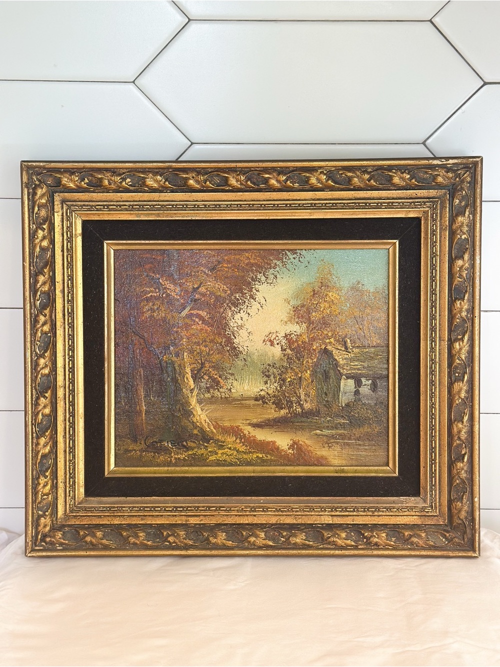 Ornate Gold-Framed Landscape Vintage Original Wall Art - Brown & Gold